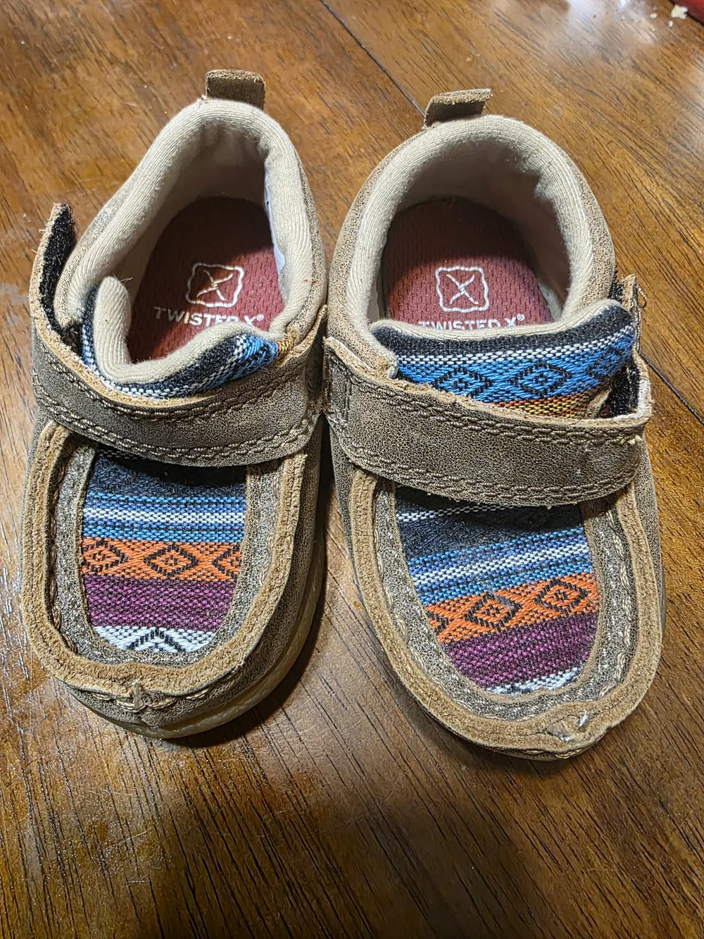 Twister Kids Brown Suede Moccasins with Multicolor Aztec Panels